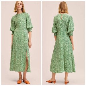 •MANGO• Green/Off White Floral Puff Sleeves Front Slit‎ A-Line Midi Dress Size 8